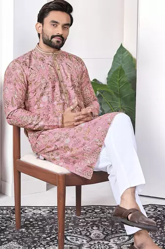 Peach digital printed work cotton straight kurta