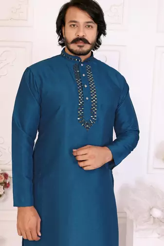 Teal silk straight kurta with nack mirror work