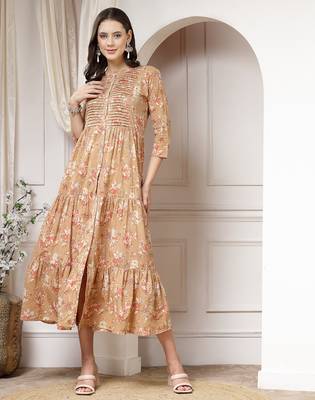 Women cotton brown floral print flared maxi dress 1