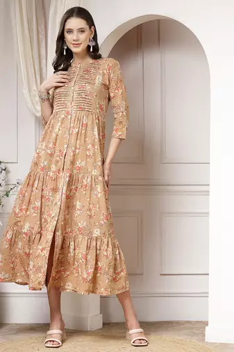 Women cotton brown floral print flared maxi dress