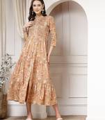 Women cotton brown floral print flared maxi dress