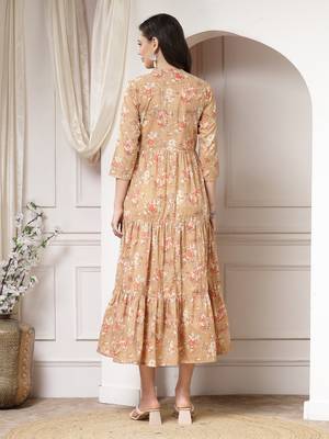 Women cotton brown floral print flared maxi dress 2