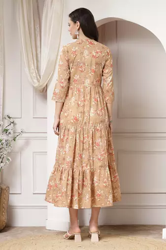 Women cotton brown floral print flared maxi dress