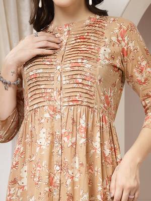 Women cotton brown floral print flared maxi dress 3