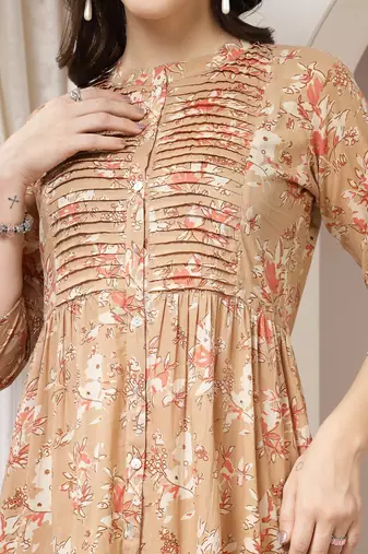 Women cotton brown floral print flared maxi dress