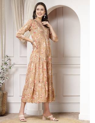 Women cotton brown floral print flared maxi dress 4