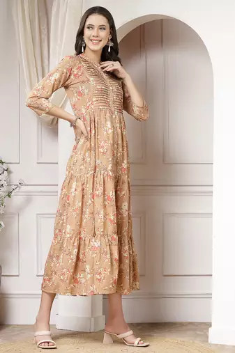 Women cotton brown floral print flared maxi dress