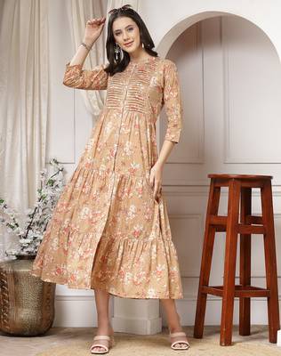 Women cotton brown floral print flared maxi dress 5