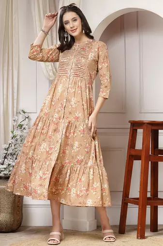 Women cotton brown floral print flared maxi dress