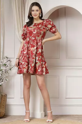 Women cotton maroon floral print mini dress