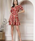 Women cotton maroon floral print mini dress