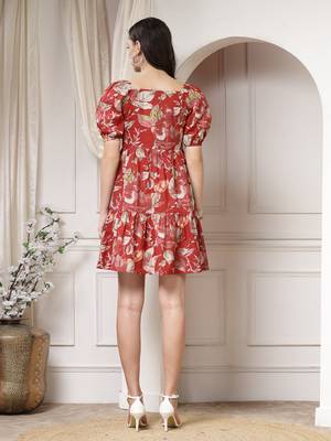Women cotton maroon floral print mini dress 2
