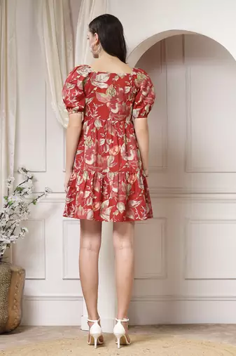 Women cotton maroon floral print mini dress