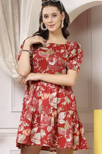 Women cotton maroon floral print mini dress