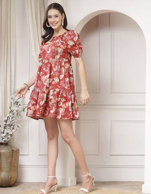 Women cotton maroon floral print mini dress 5