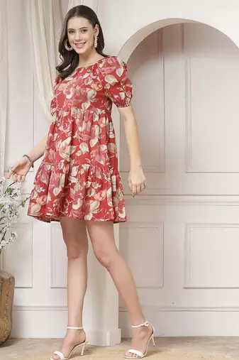 Women cotton maroon floral print mini dress