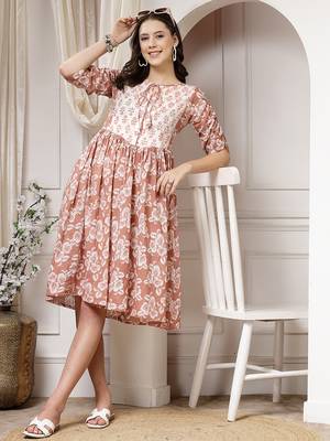 Women cotton brown floral print flared midi dress 1
