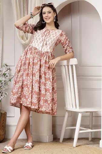 Women cotton brown floral print flared midi dress