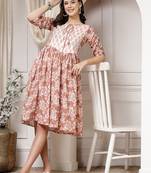 Women cotton brown floral print flared midi dress
