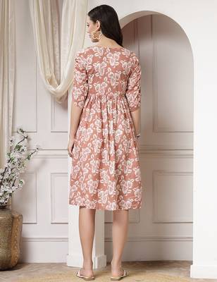 Women cotton brown floral print flared midi dress 2