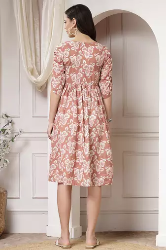 Women cotton brown floral print flared midi dress