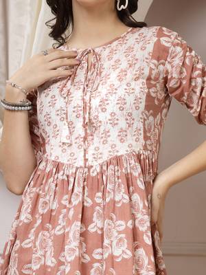Women cotton brown floral print flared midi dress 3