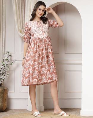 Women cotton brown floral print flared midi dress 4