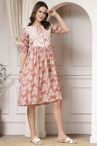 Women cotton brown floral print flared midi dress