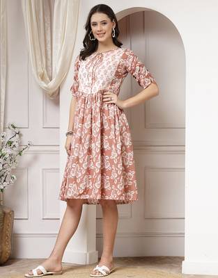 Women cotton brown floral print flared midi dress 5