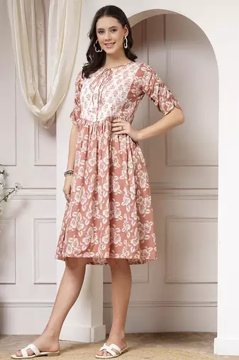 Women cotton brown floral print flared midi dress