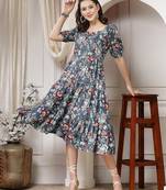 Women rayon grey floral print flared dress