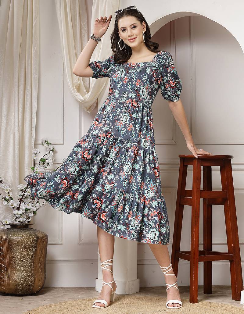 Women rayon grey floral print flared dress