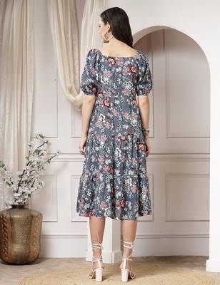 Women rayon grey floral print flared dress 2