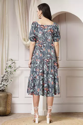 Women rayon grey floral print flared dress
