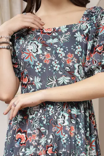 Women rayon grey floral print flared dress