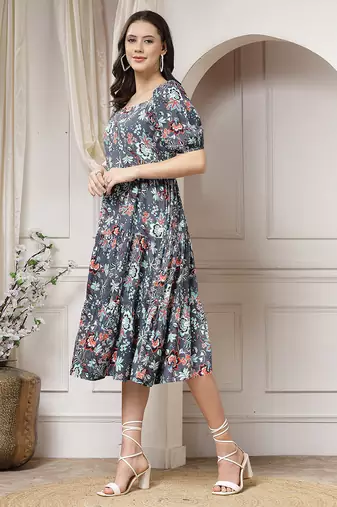 Women rayon grey floral print flared dress