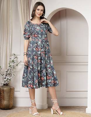 Women rayon grey floral print flared dress 5