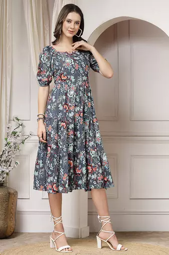Women rayon grey floral print flared dress