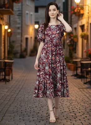 Women rayon wine floral print flared dress 1