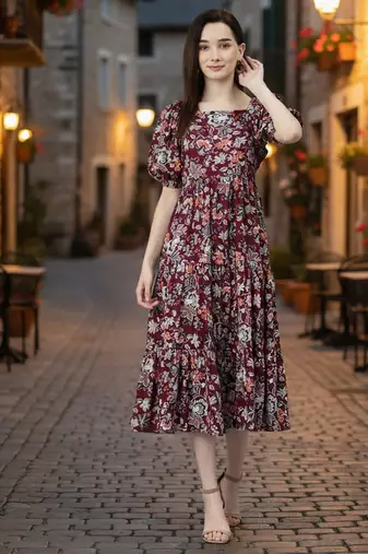 Women rayon wine floral print flared dress