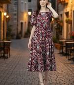 Women rayon wine floral print flared dress
