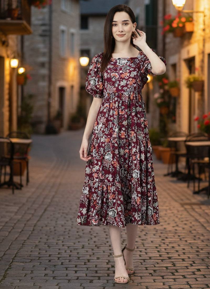 Women rayon wine floral print flared dress