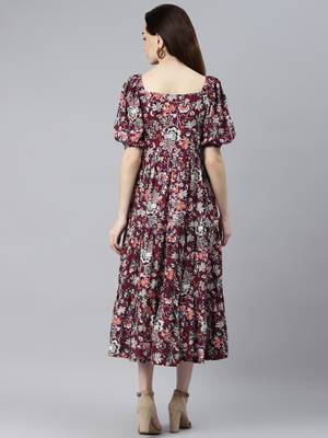 Women rayon wine floral print flared dress 2