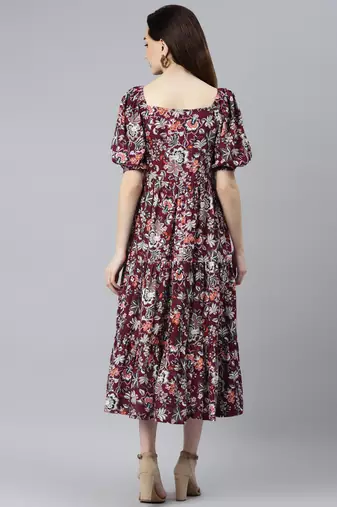 Women rayon wine floral print flared dress