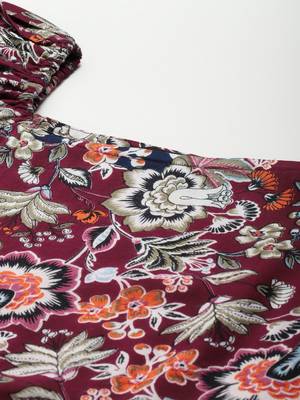 Women rayon wine floral print flared dress 3