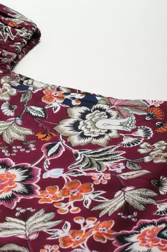 Women rayon wine floral print flared dress