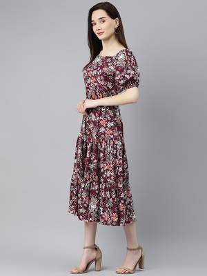Women rayon wine floral print flared dress 4