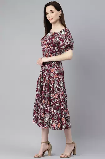 Women rayon wine floral print flared dress