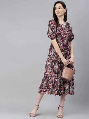 Women rayon wine floral print flared dress 5