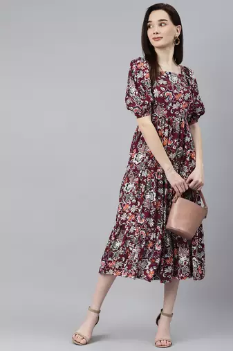 Women rayon wine floral print flared dress